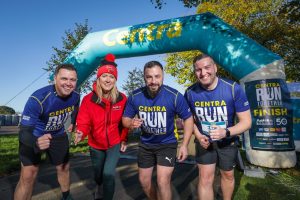 Centra brand ambassador Pete Snodden, Action Cancer corporate fundraising manager Lucy McCusker, fitness trainer Bubba and Centra Director of Marketing Desi Derby at the start line of Centra Run Together.